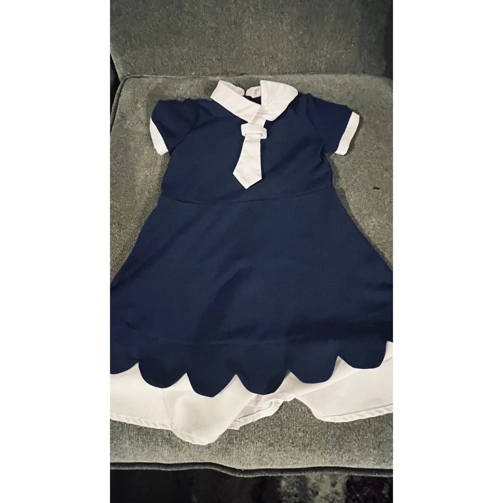 Sunny Fashion Sailor Dress Kids Size 6 Navy Blue Scalloped Hem Tie Detail